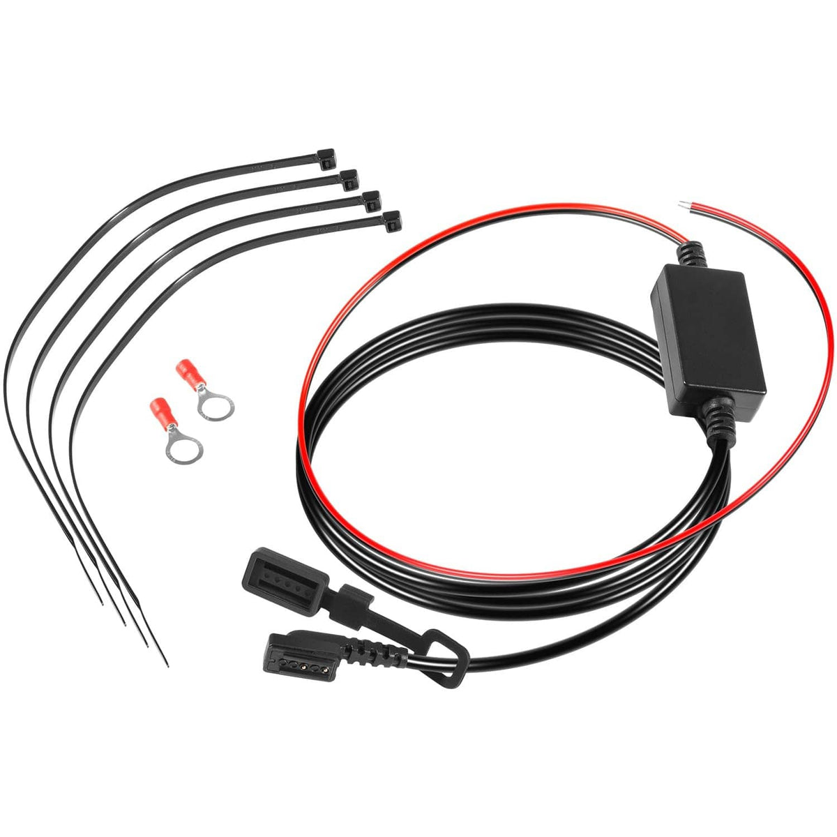 Motorcycle power cable kit with coiled black/red cable, plugs, and small ring terminals