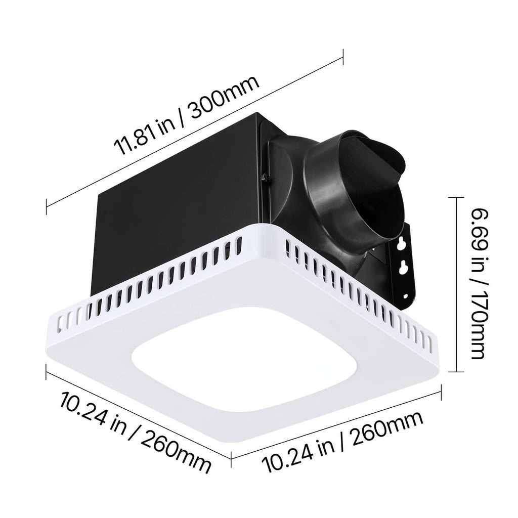 Bathroom ventilation fan with LED light, white grille and black back panel dimensions
