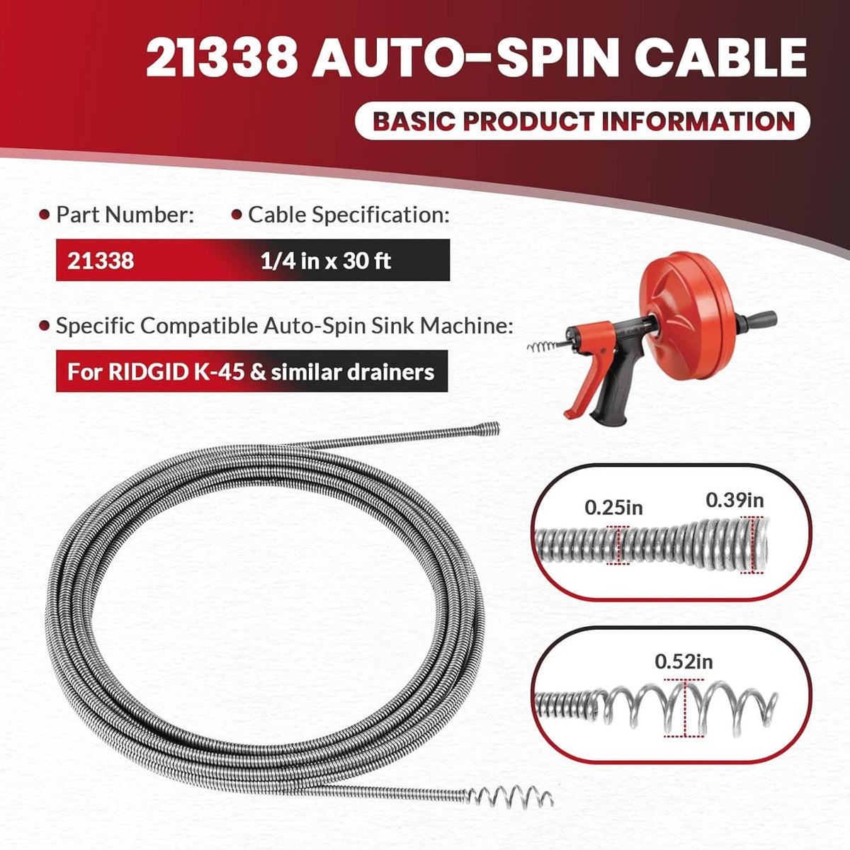 Auto-spin drain cable, coiled 1/4 in x 30 ft replacement auger line