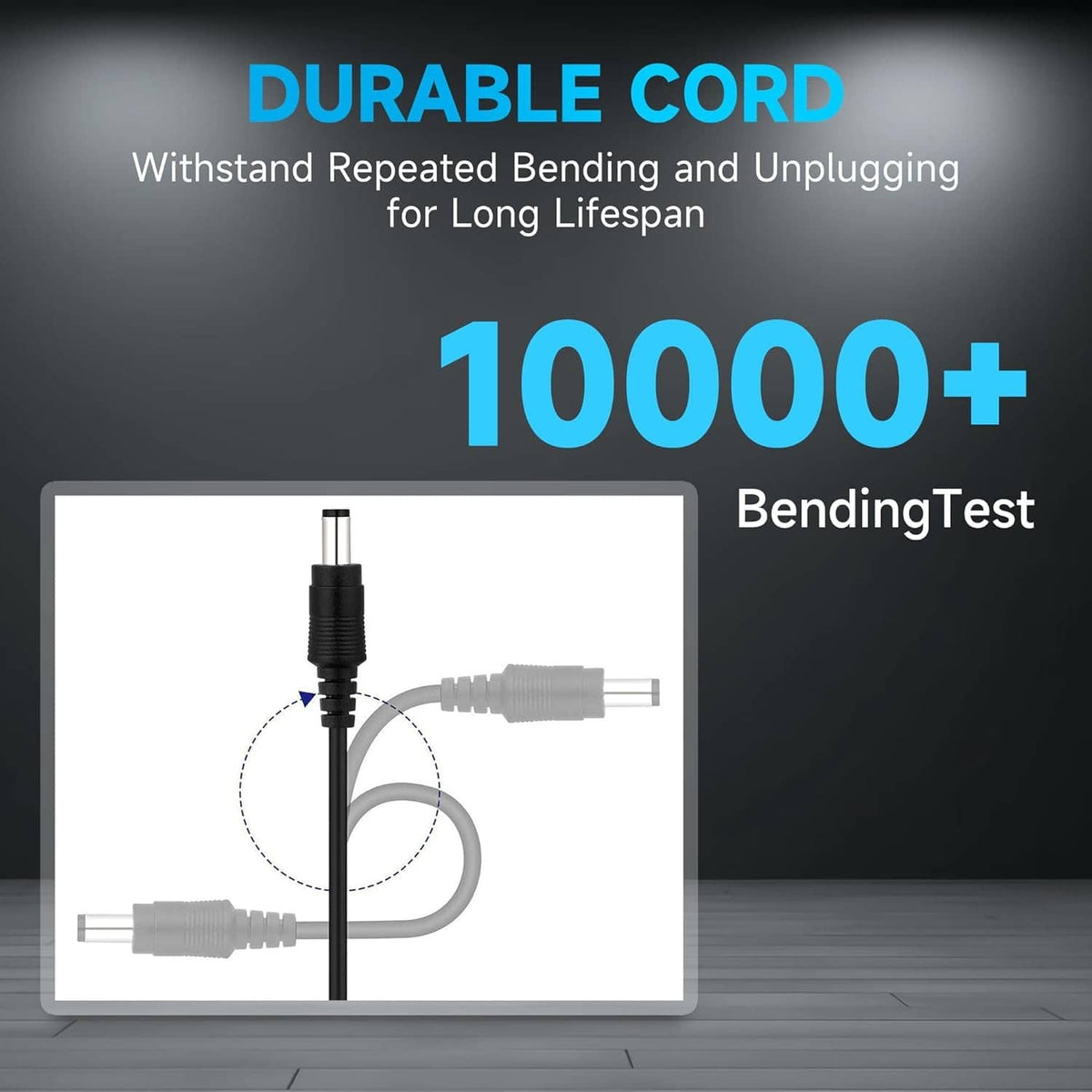 Black DC power cable with connector ends shown for repeated bending test