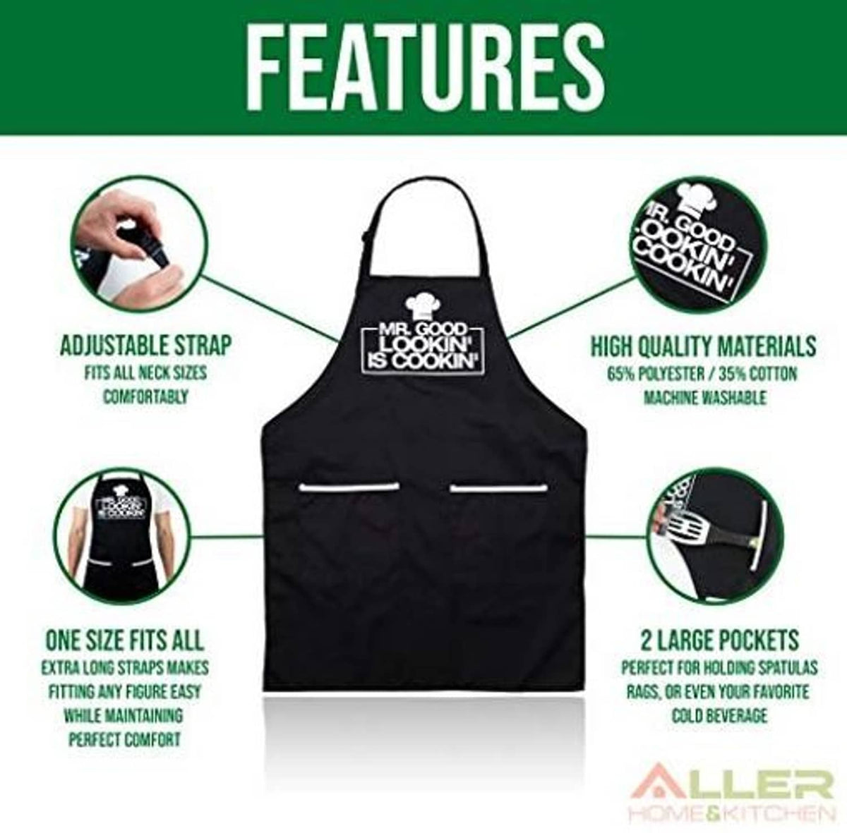 Black adjustable apron with two front pockets and chest logo graphic