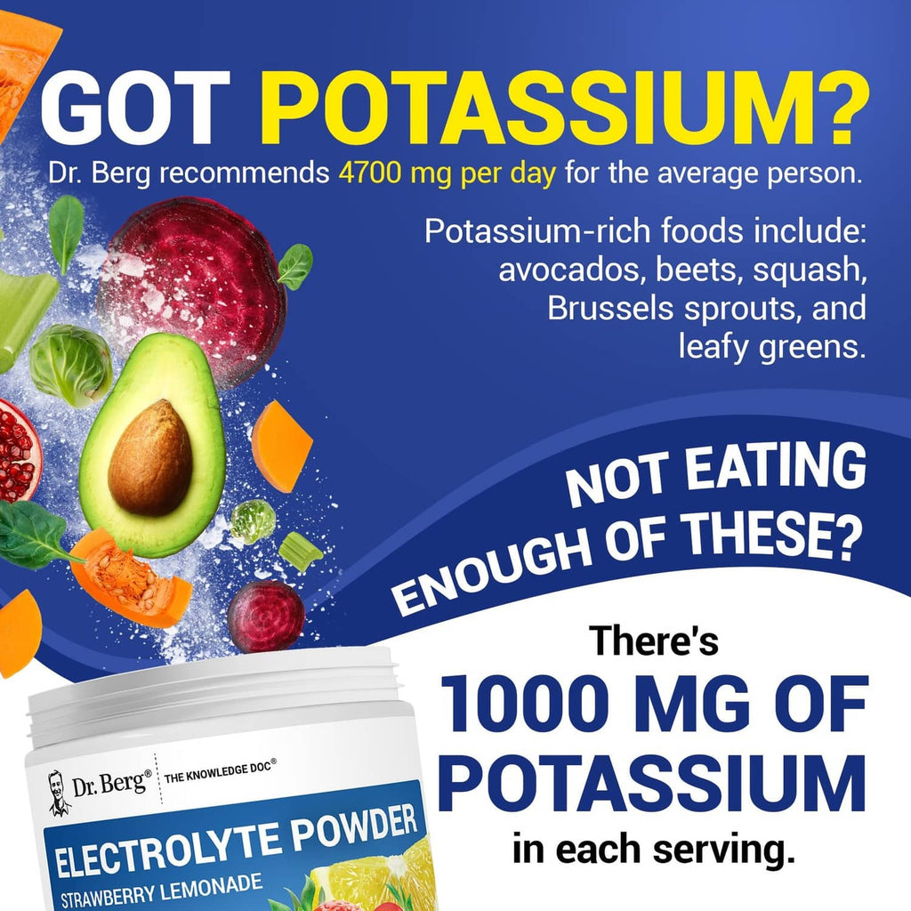 Electrolyte powder jar with Strawberry Lemonade label and 1000 mg potassium text.
