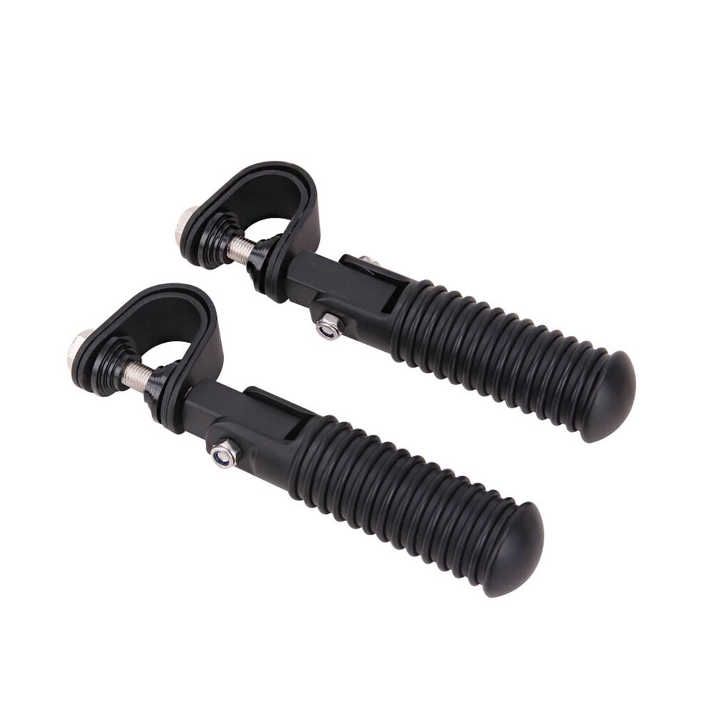 Black crash foot peg pair with ribbed rubber grips and round U-bolt clamps