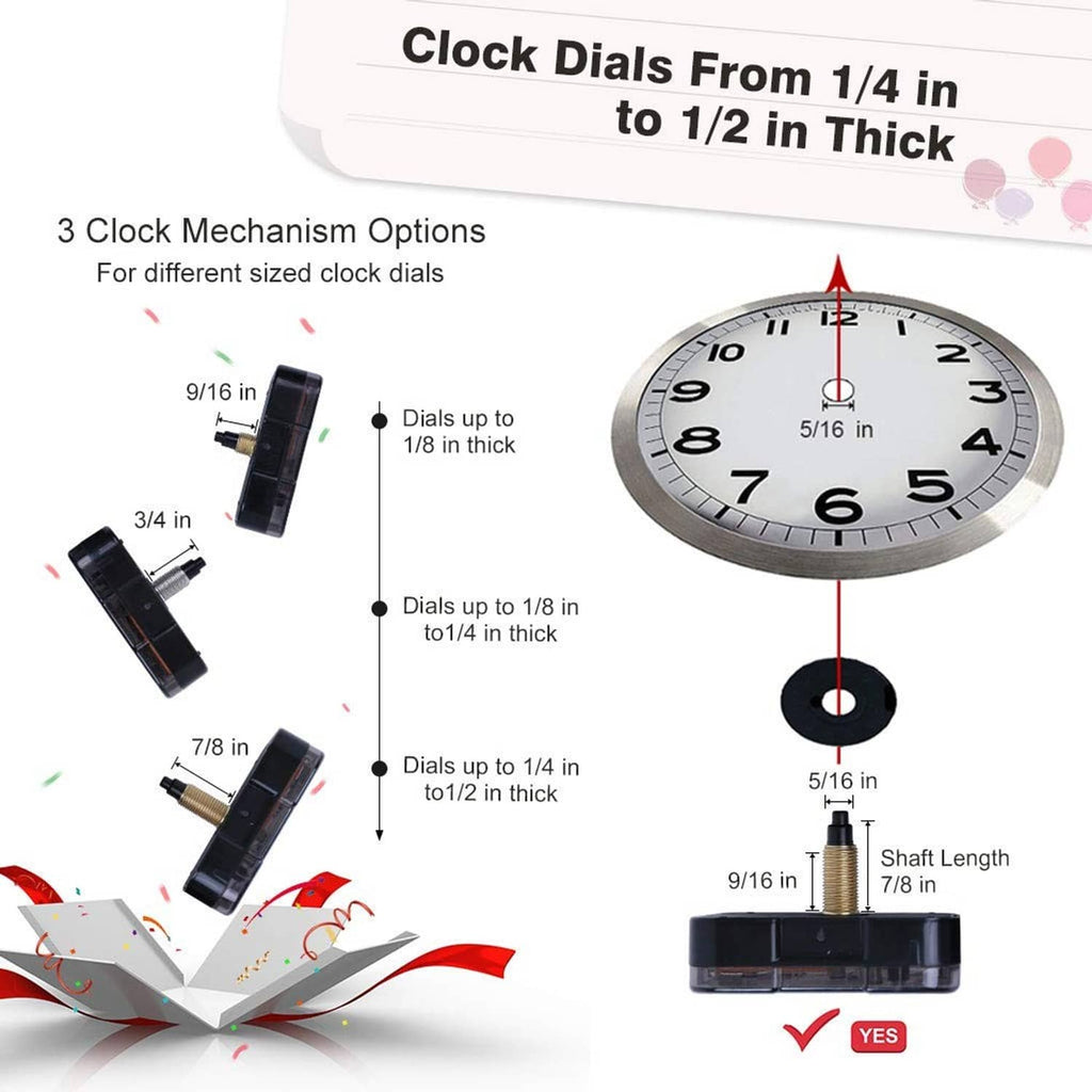 Clock movement with 7/8 in shaft length and mounting options by dial thickness