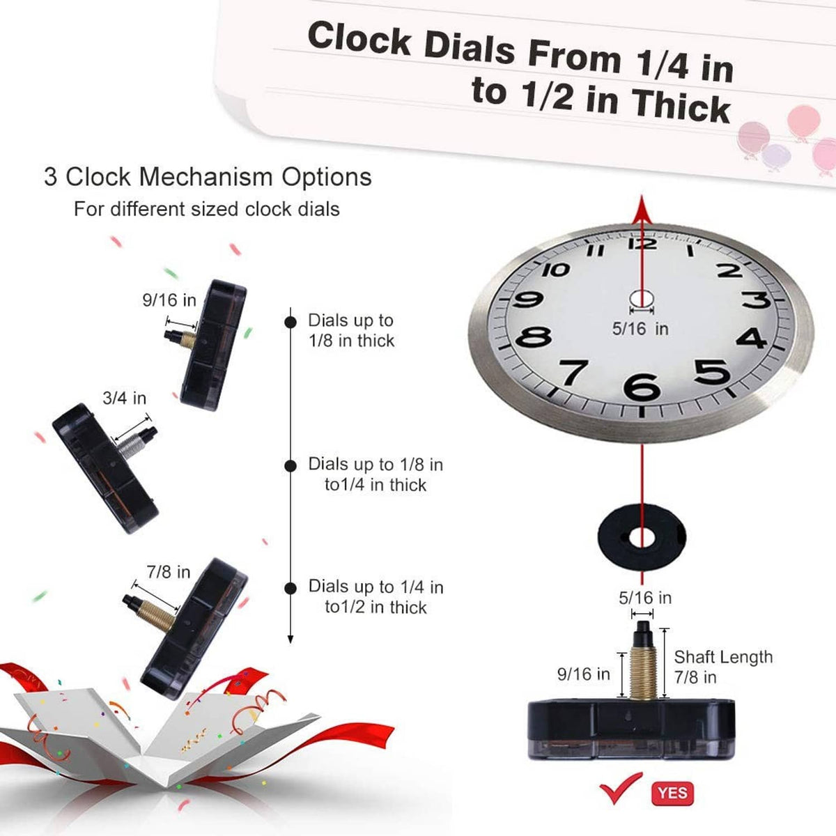 Clock movement with 7/8 in shaft length and mounting options by dial thickness