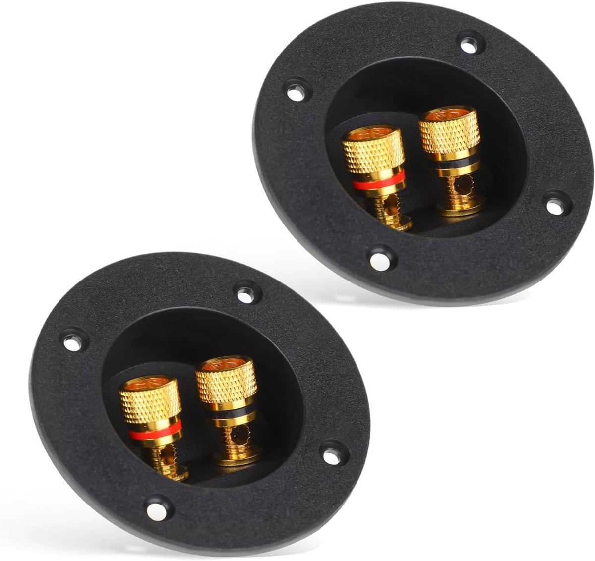 Black speaker terminal cup with two gold spring-loaded jack posts