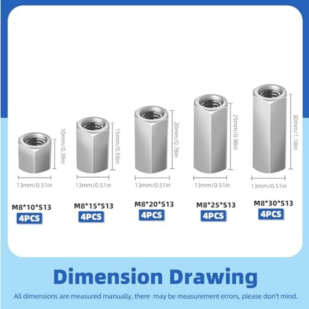 Dimension diagram for extended hex coupling nuts in multiple M8 sizes