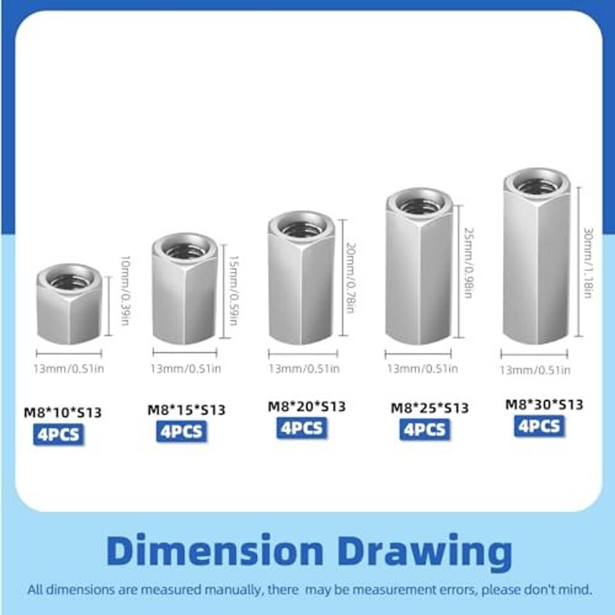 Dimension diagram for extended hex coupling nuts in multiple M8 sizes