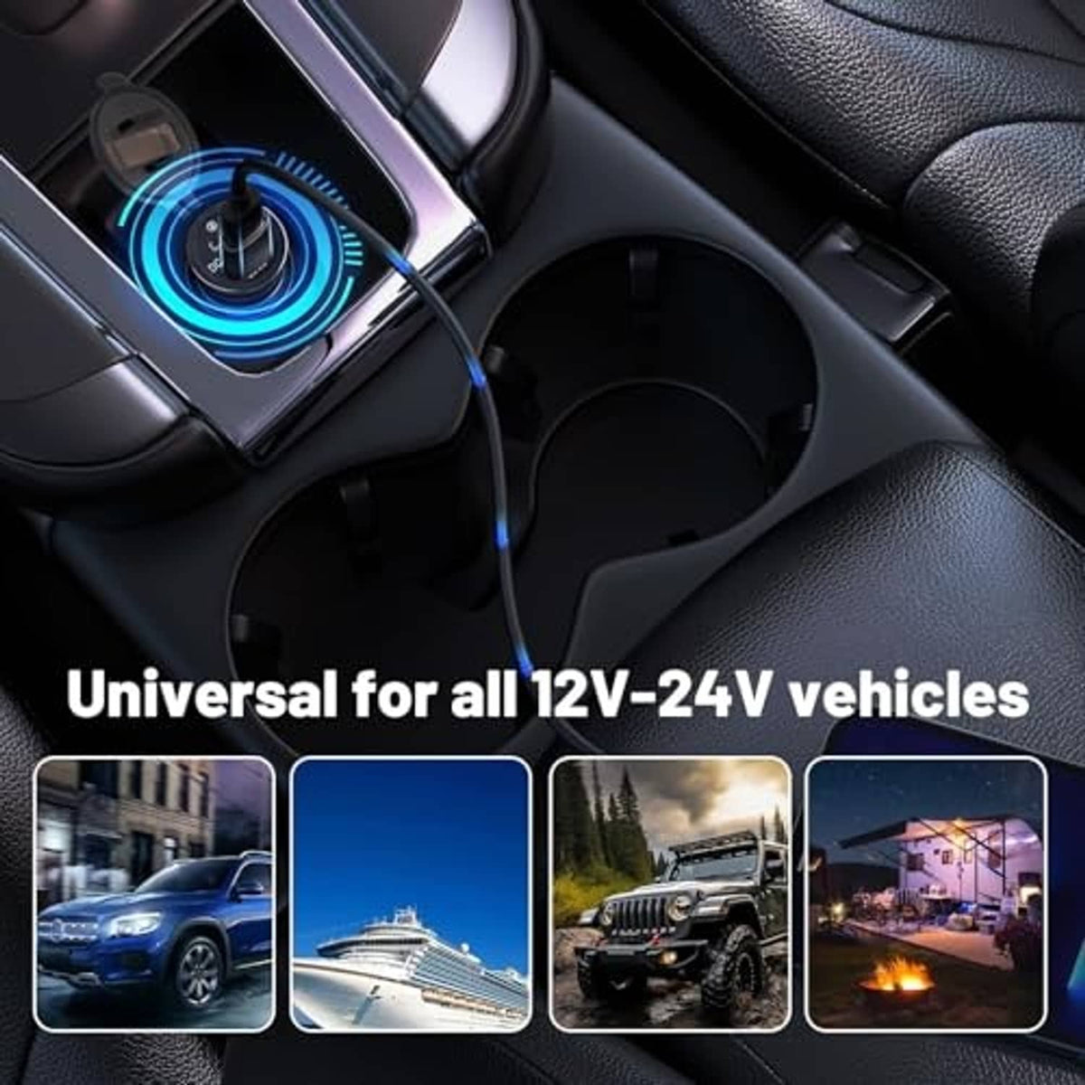 Car USB charger socket installed in vehicle console with blue LED ring