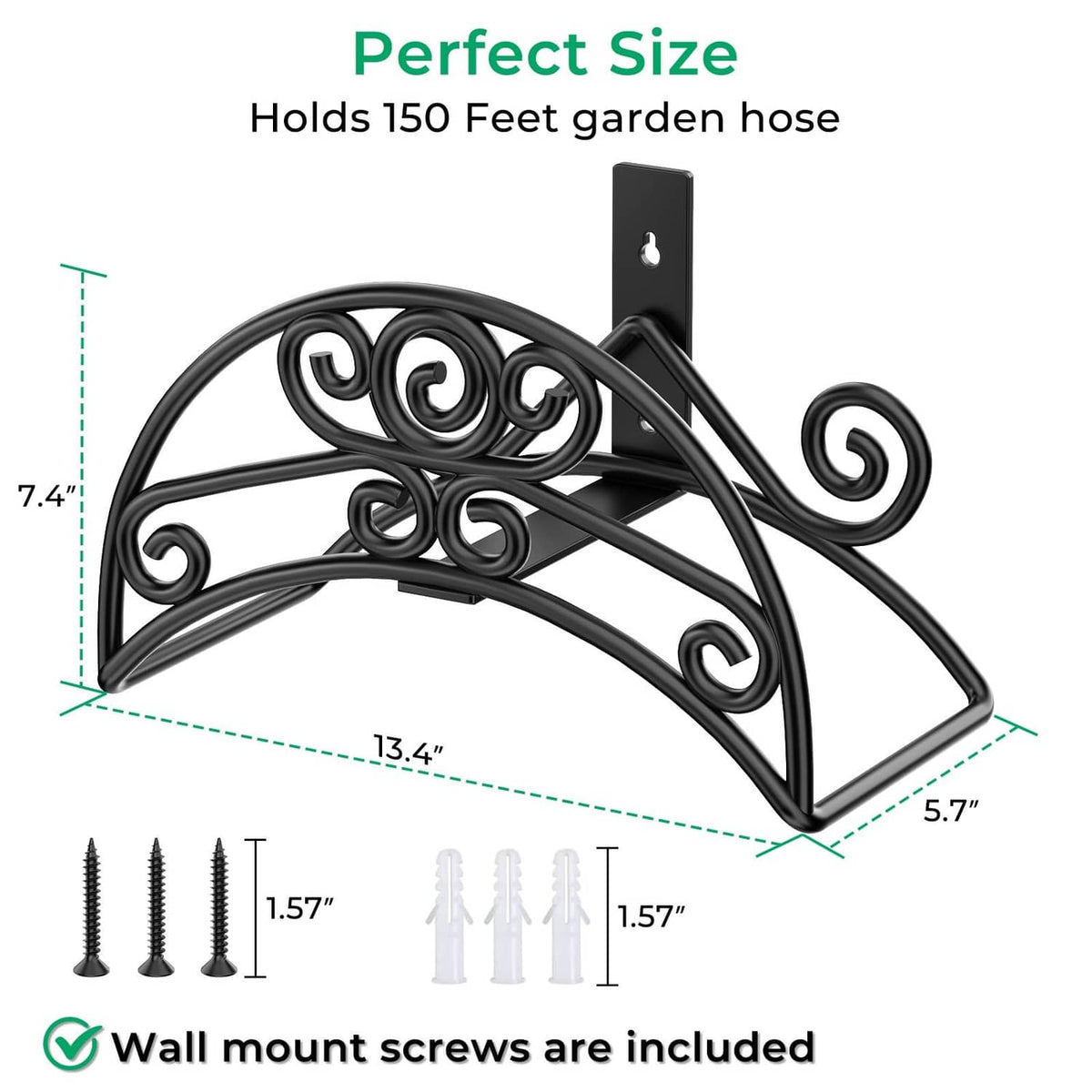 Black wall hose holder size diagram with included screws and orange hose shown