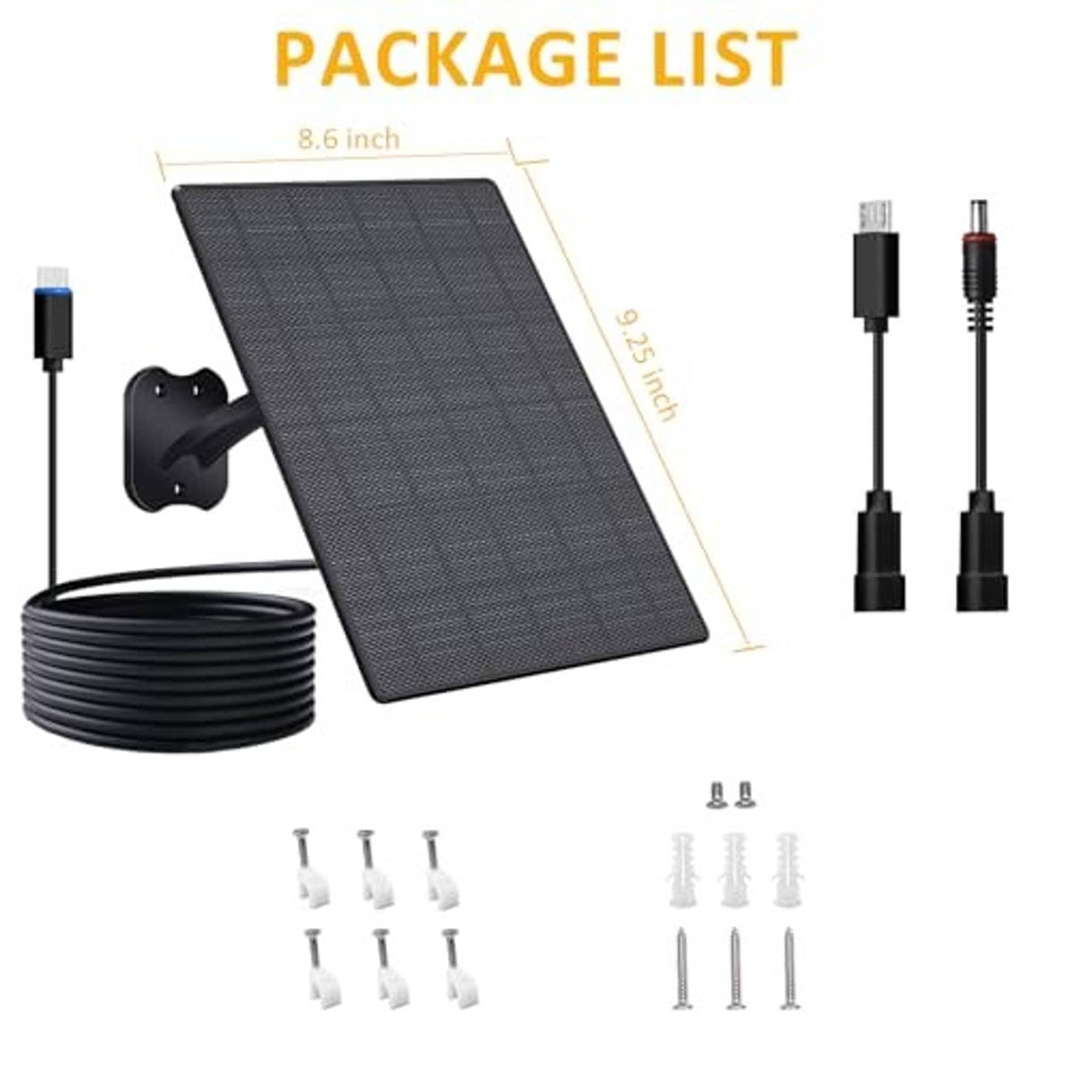 Solar panel kit bundle with mounting bracket, cables, and hardware parts