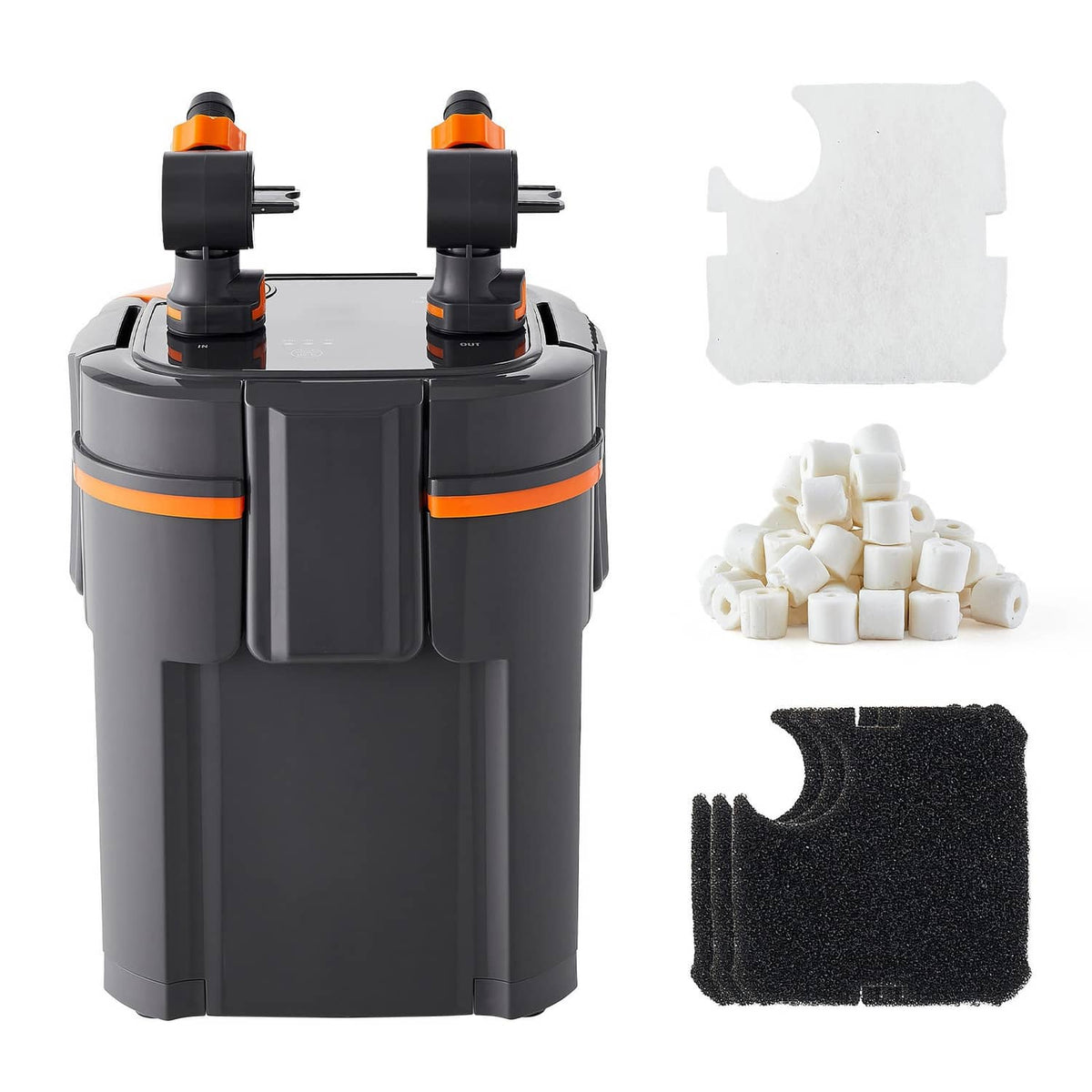 External aquarium filter canister with two top ports and included foam and white media pads