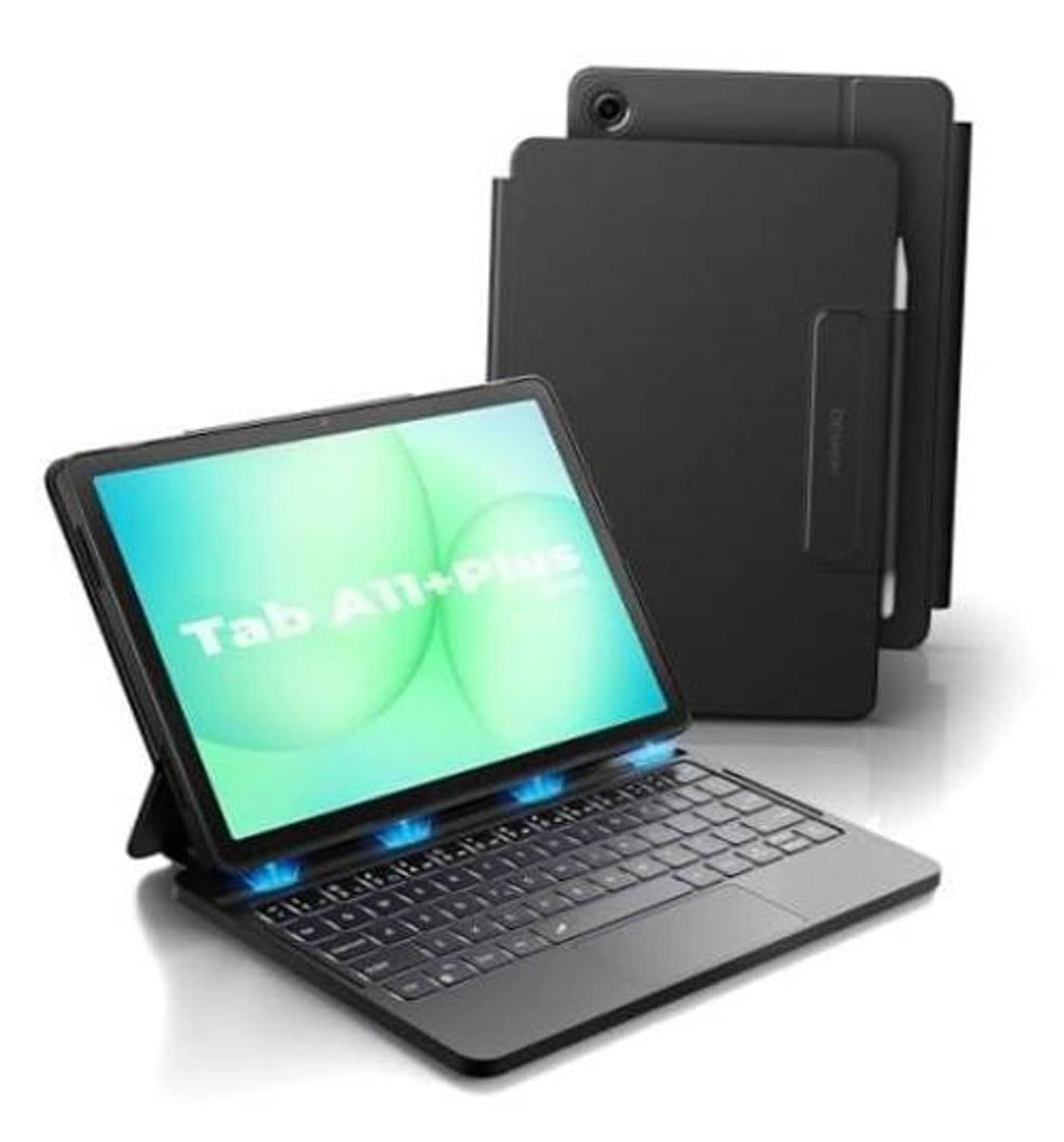 Black keyboard tablet case with stand and protective back cover, tablet open