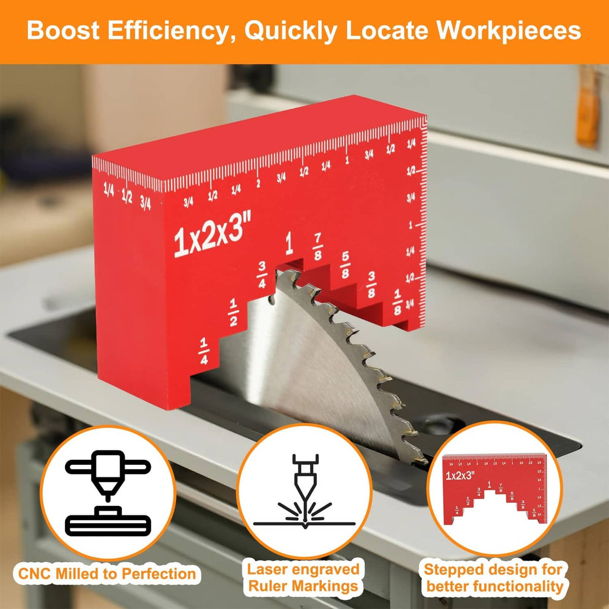 Red height gauge block with engraved measurement ruler and notched edge