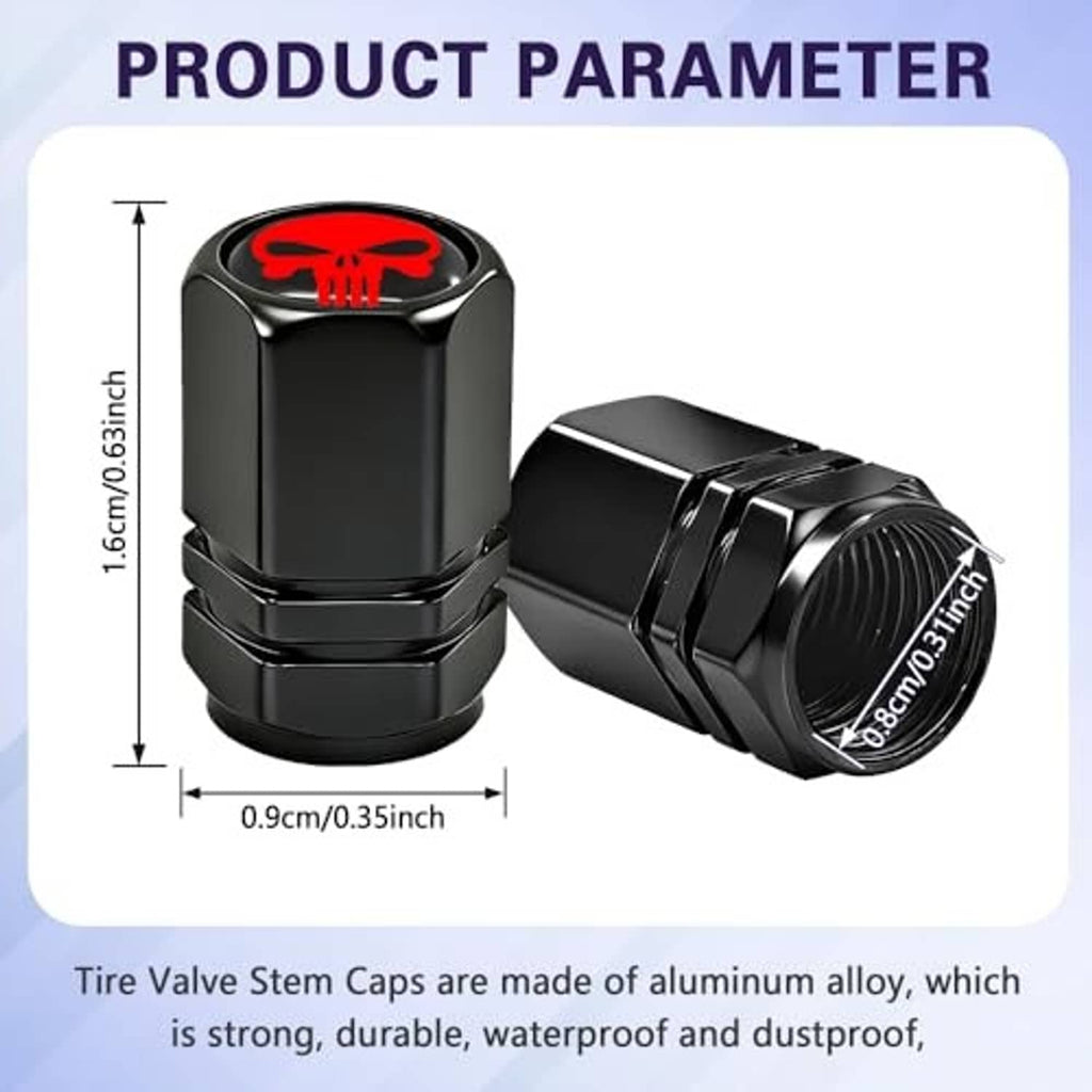 Black metal tire valve stem caps with red skull design and knurled grip, four-pack.