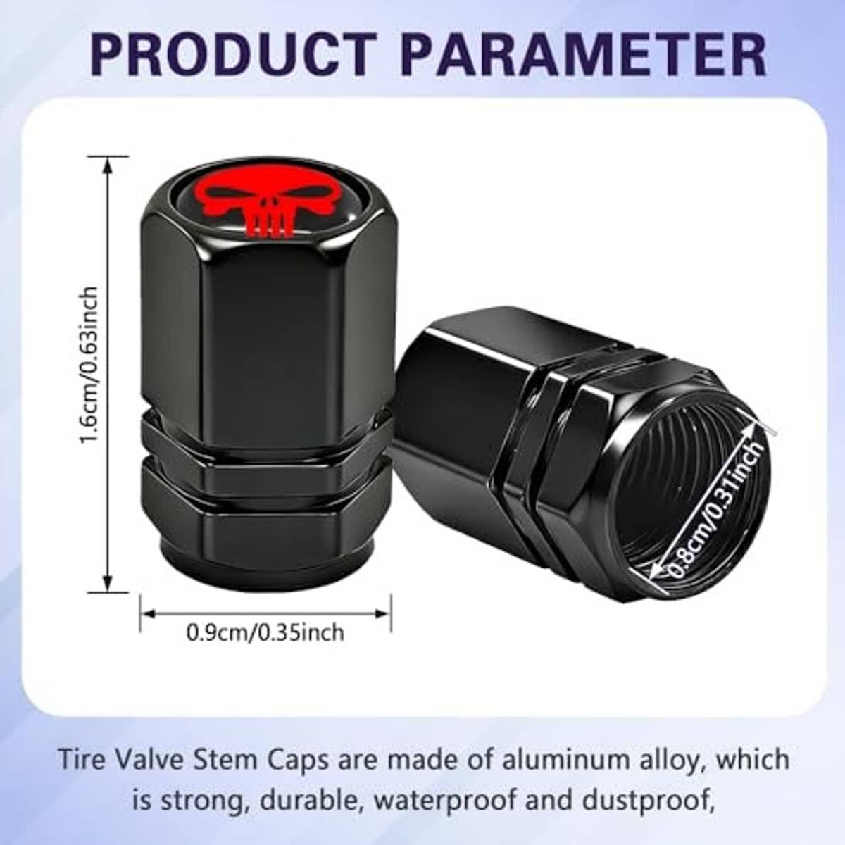 Black metal tire valve stem caps with red skull design and knurled grip, four-pack.