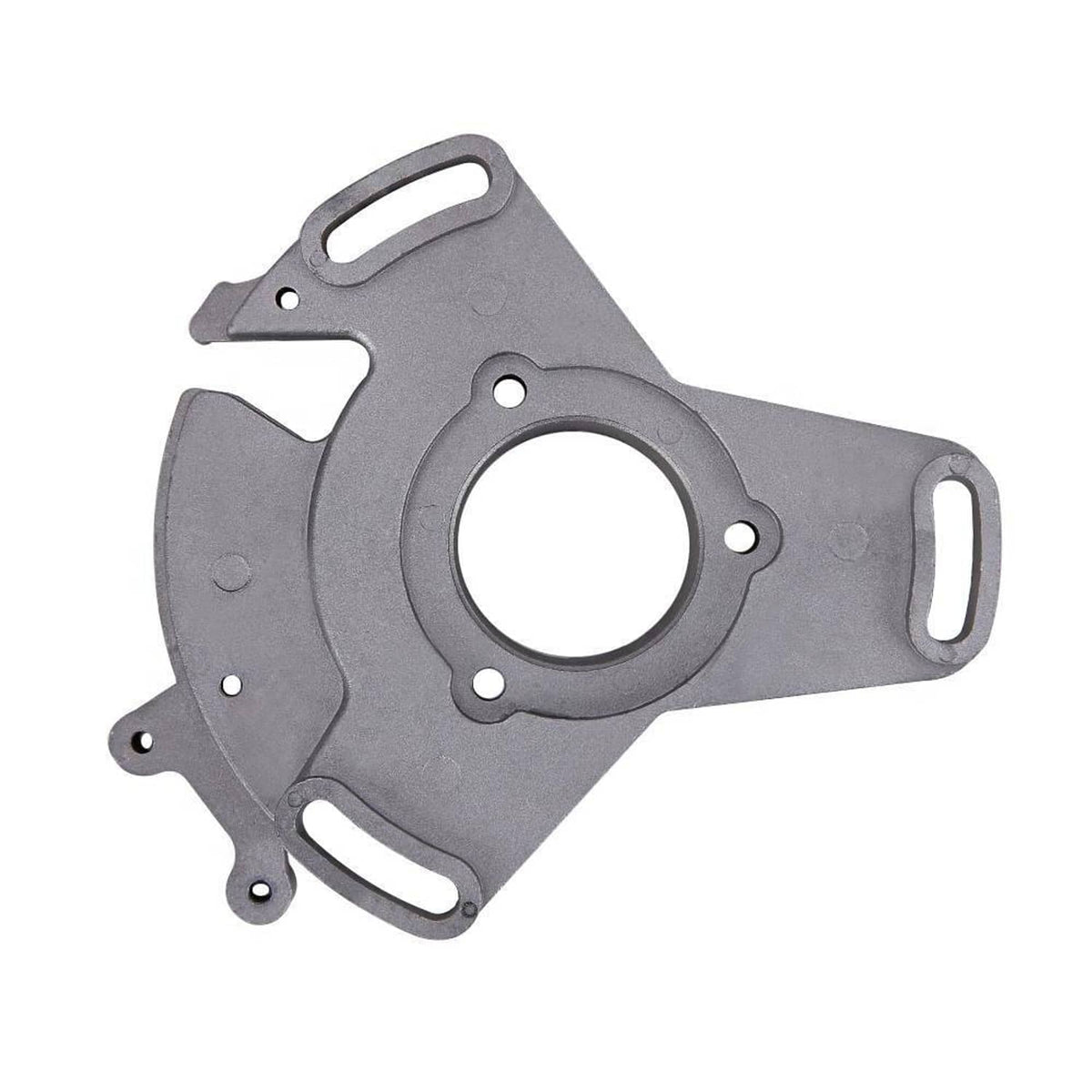 ATV stator timing plate with large center hole, vent slots, and screw mounting holes