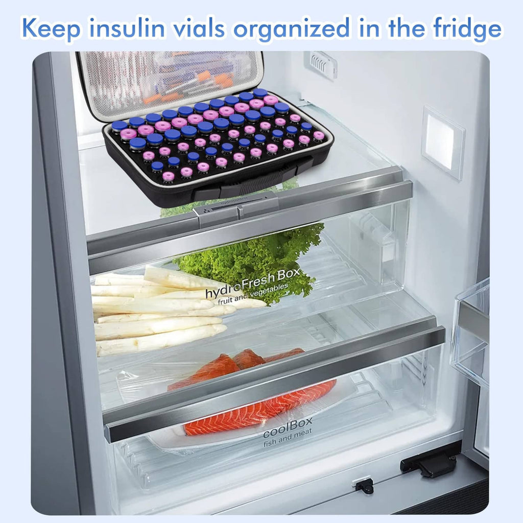 Black 60-slot insulin vial case with clear lid sitting inside a refrigerator