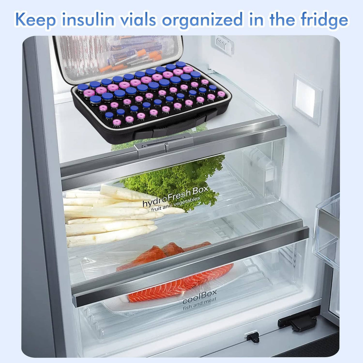 Black 60-slot insulin vial case with clear lid sitting inside a refrigerator