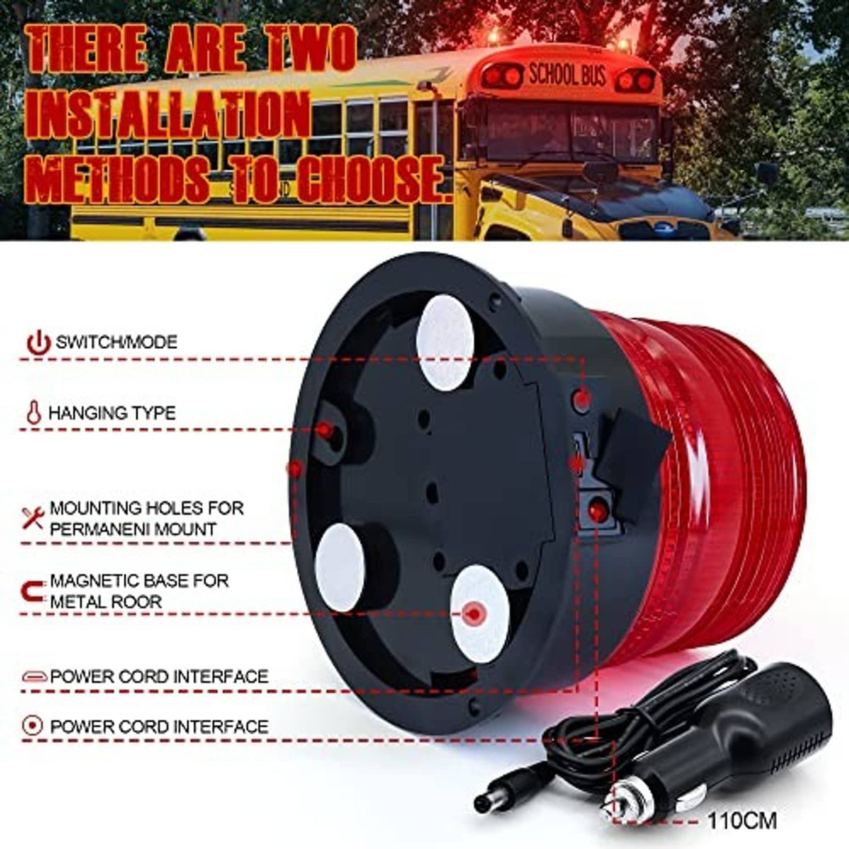 Red LED strobe beacon base with magnet-style mounting and power cord interface