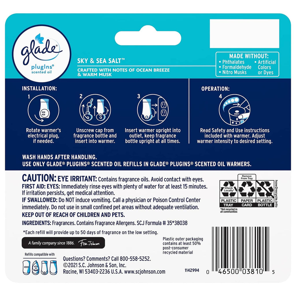 Glade Sky & Sea Salt plug-in air freshener refill package back label with installation steps