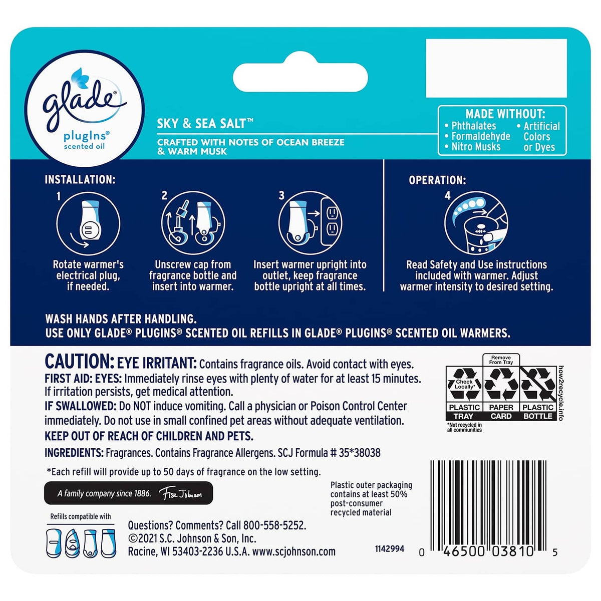 Glade Sky & Sea Salt plug-in air freshener refill package back label with installation steps