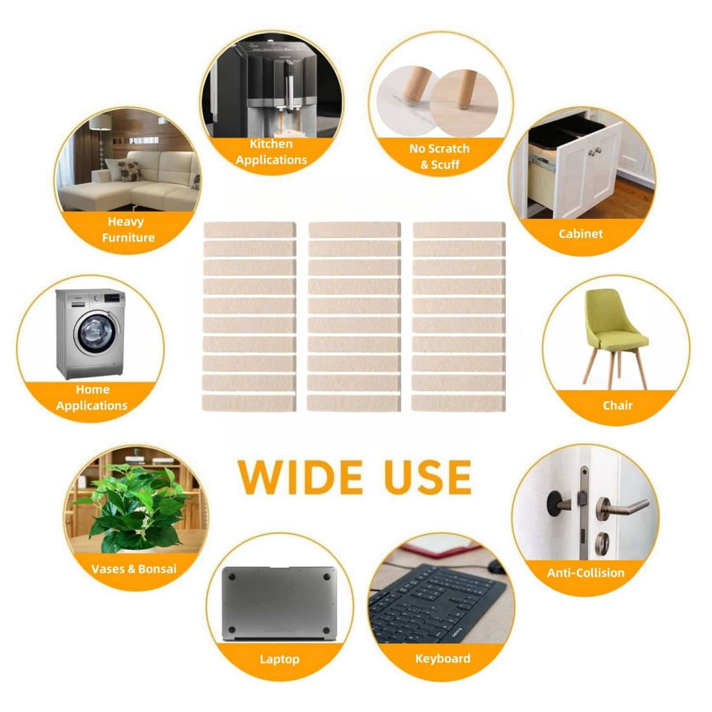 Felt furniture pads with wide-use icons showing multiple home application areas
