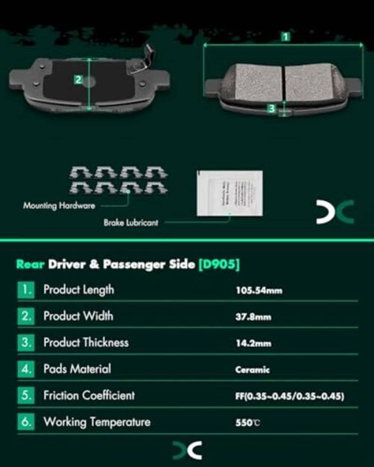 Rear ceramic brake pad set with hardware and label, gray friction pads