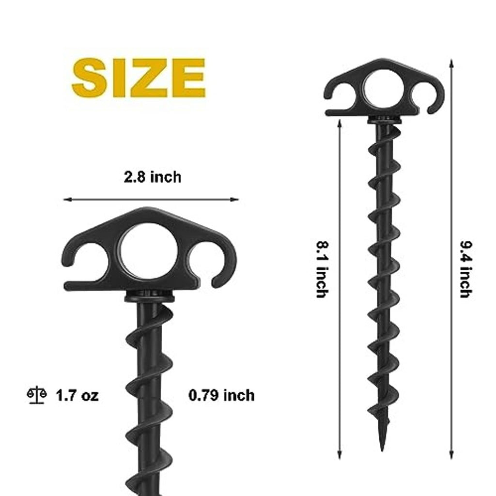 Screw-in tent stake size: 9.4 in long, 2.8 in head width