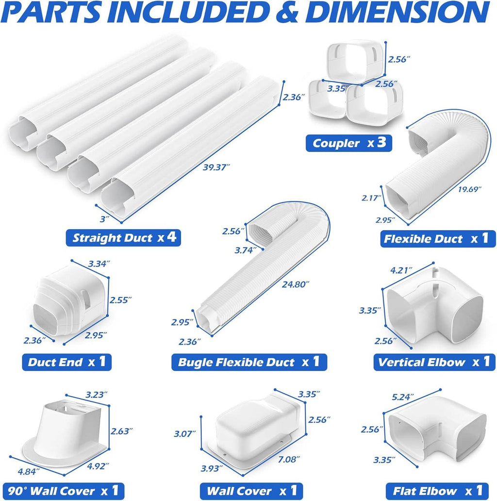 Mini-split line set cover parts included with dimensions: straight duct, flexible duct, and elbows
