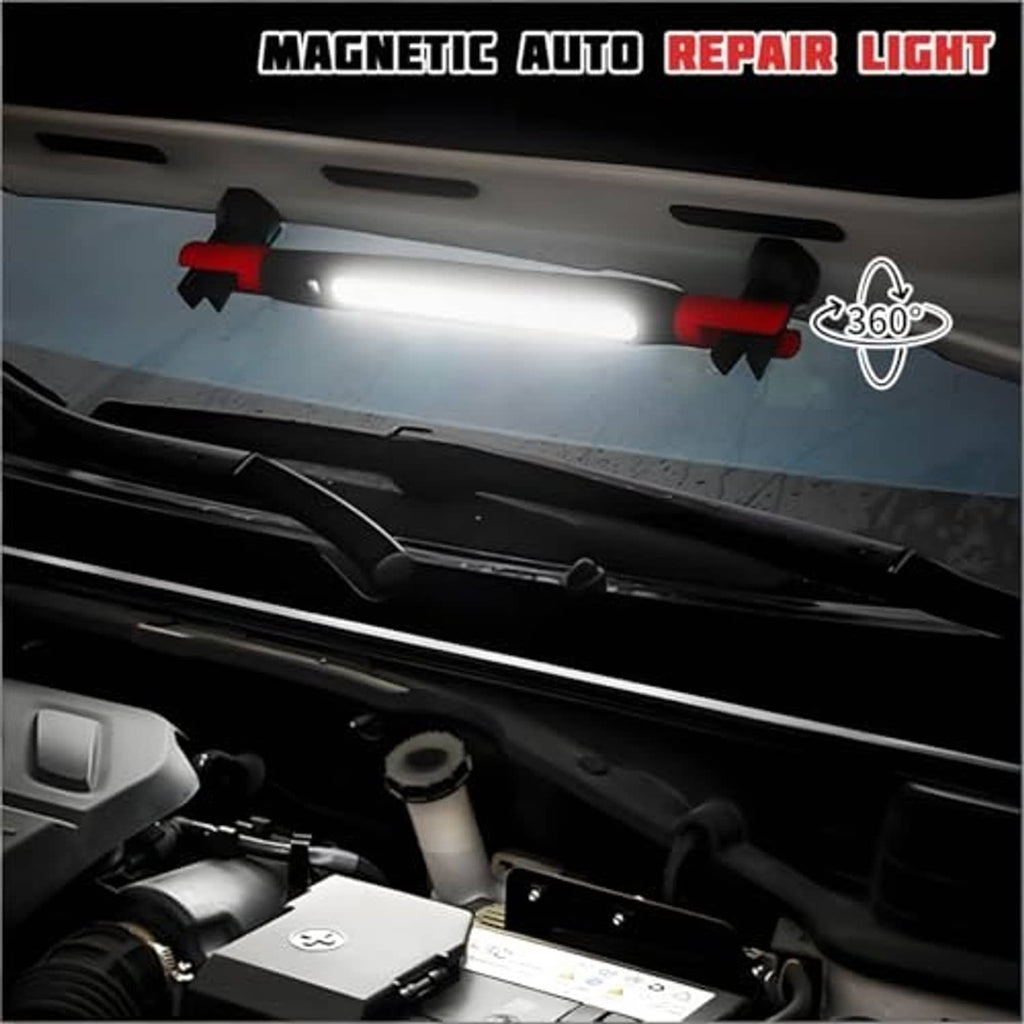 Magnetic under-hood LED work light bar with red holders, beam on in engine