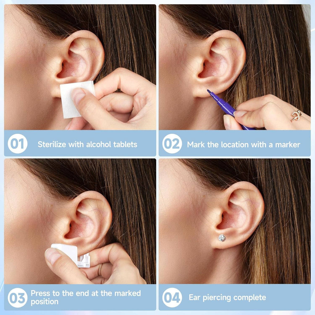 Earlobe piercing steps using a piercing card, marker, and completed stud earring placement