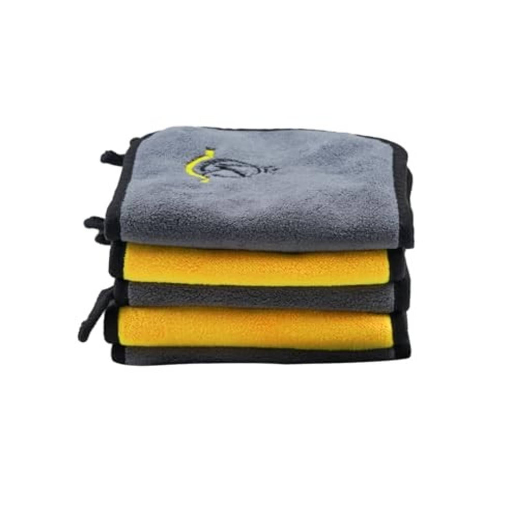 Folded billiard cue cleaning towels, dark gray with yellow middle stripe and black edging