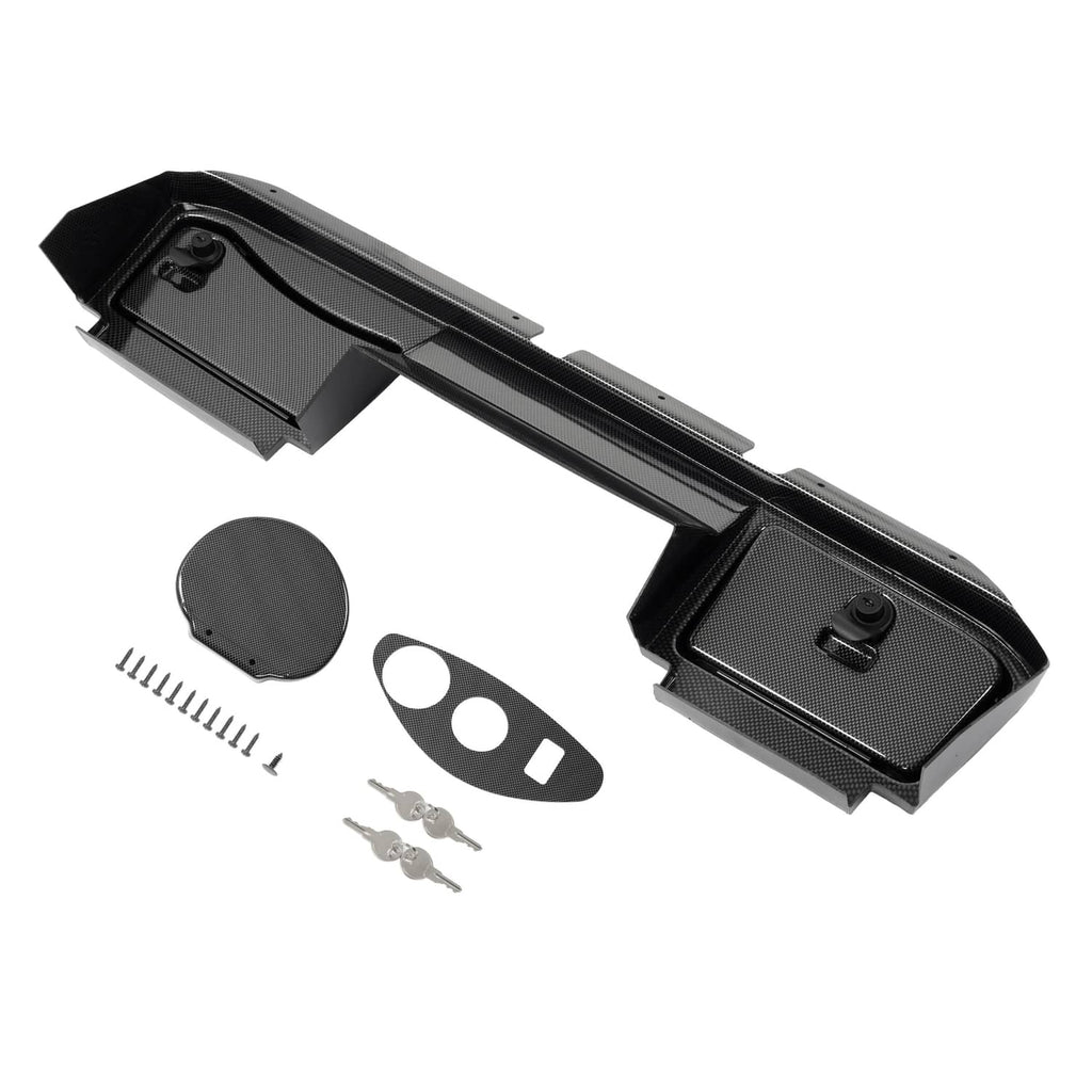 Carbon-fiber style dash board cover kit with multiple black mounting panels and hardware