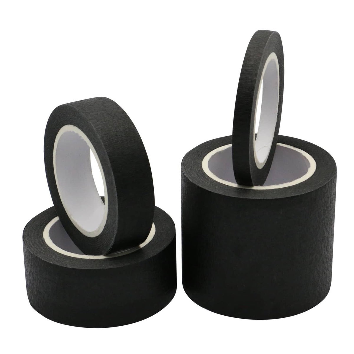 Two black masking tape rolls stacked, showing inner core