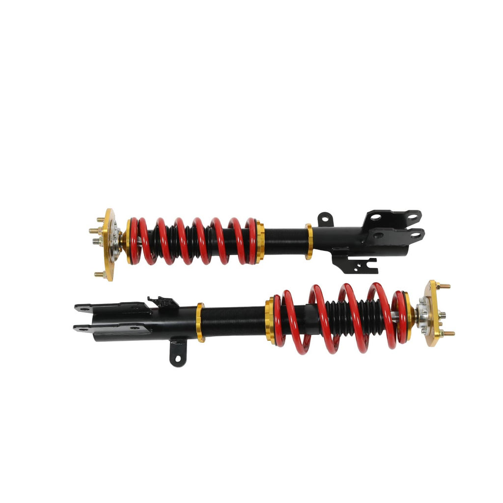 Coilover strut assembly pair with red springs, black brackets, gold spring seats