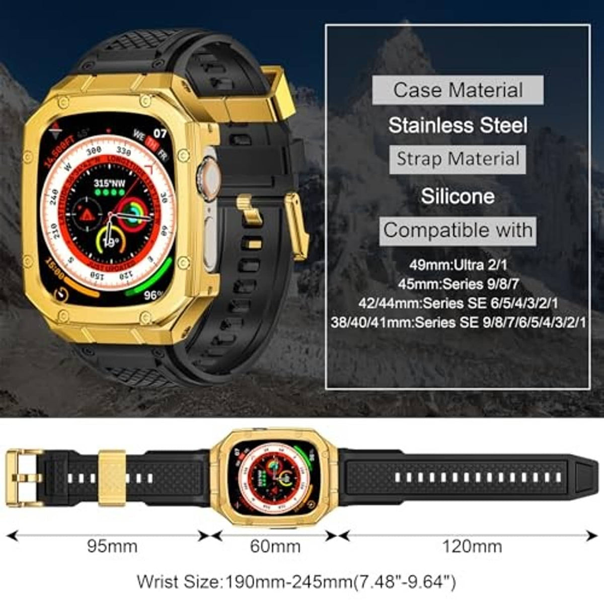 Gold stainless steel case with black strap, product materials diagram