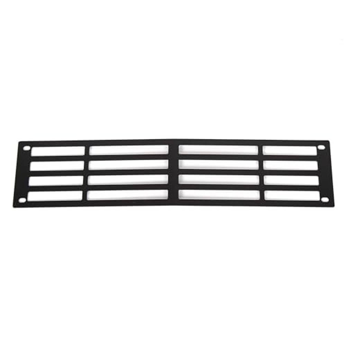 Black front grille insert with dense horizontal slat pattern and corner mounting holes