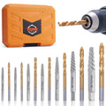 Orange screw extractor set case with assorted drill bits and drill chuck