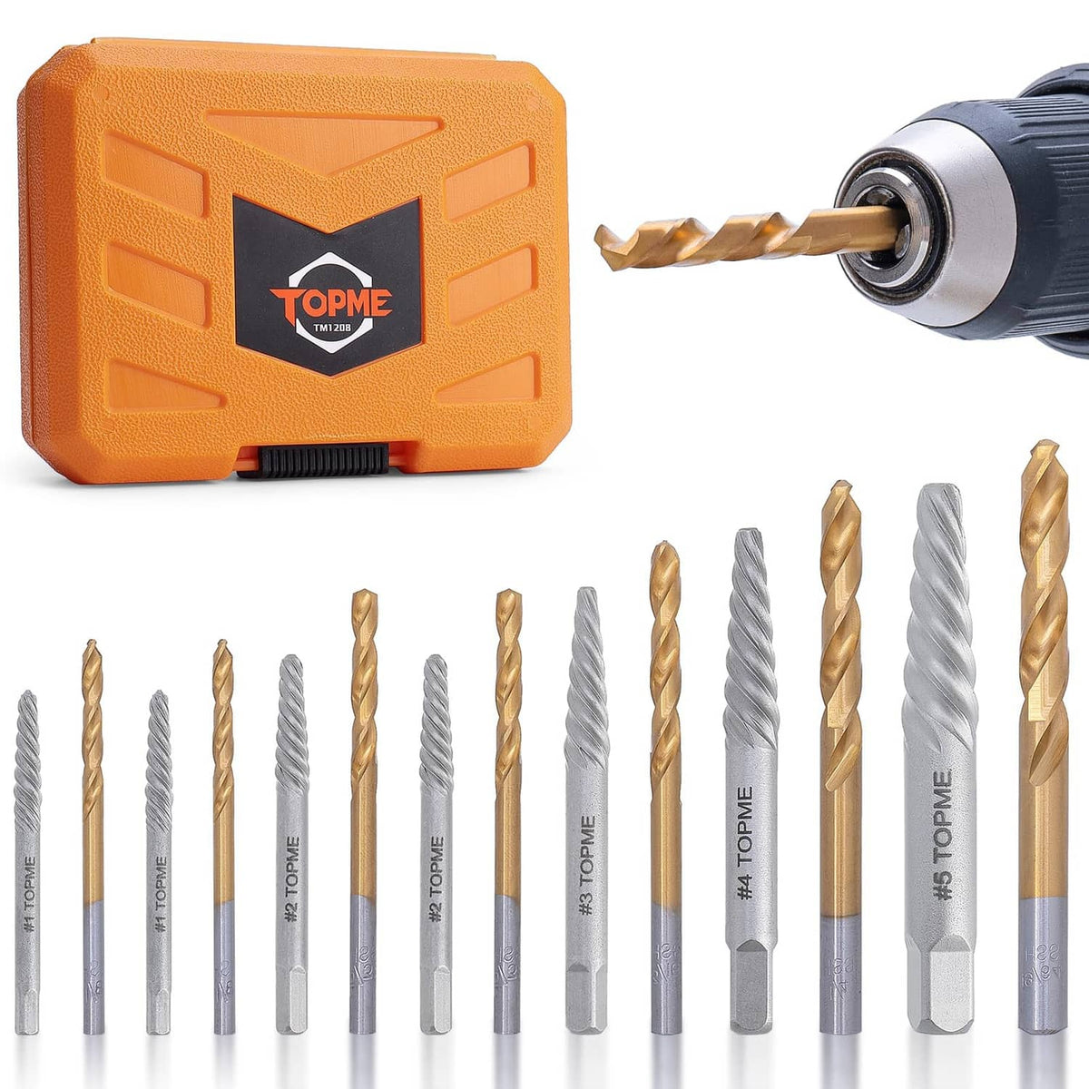 Orange screw extractor set case with assorted drill bits and drill chuck