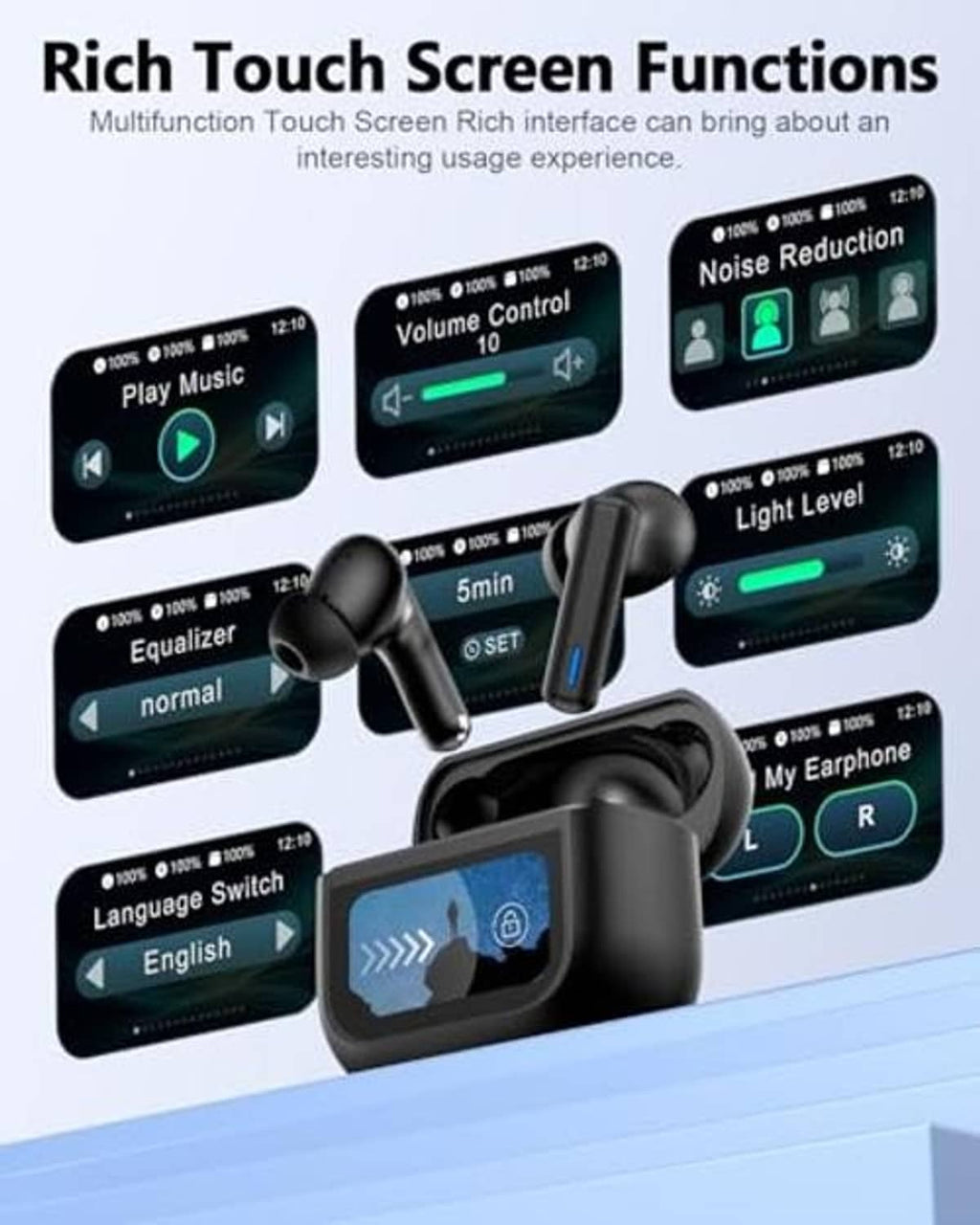 Black wireless earbuds with charging case open, showing multifunction touch-screen interface