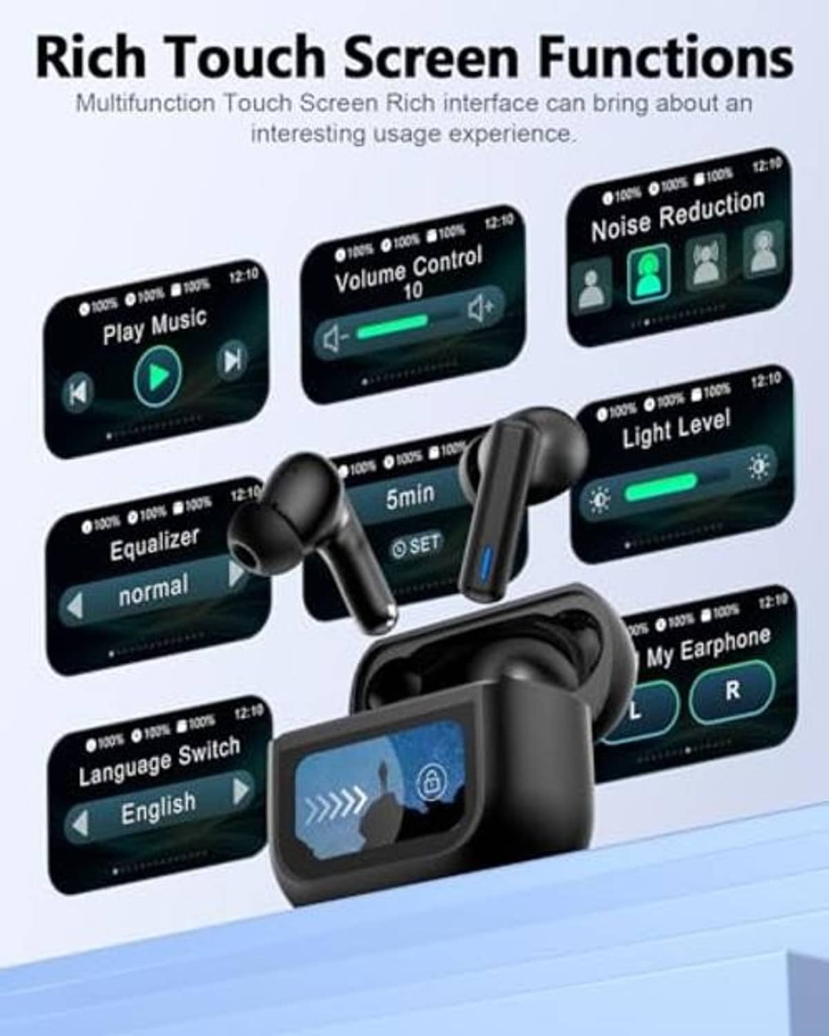 Black wireless earbuds with charging case open, showing multifunction touch-screen interface
