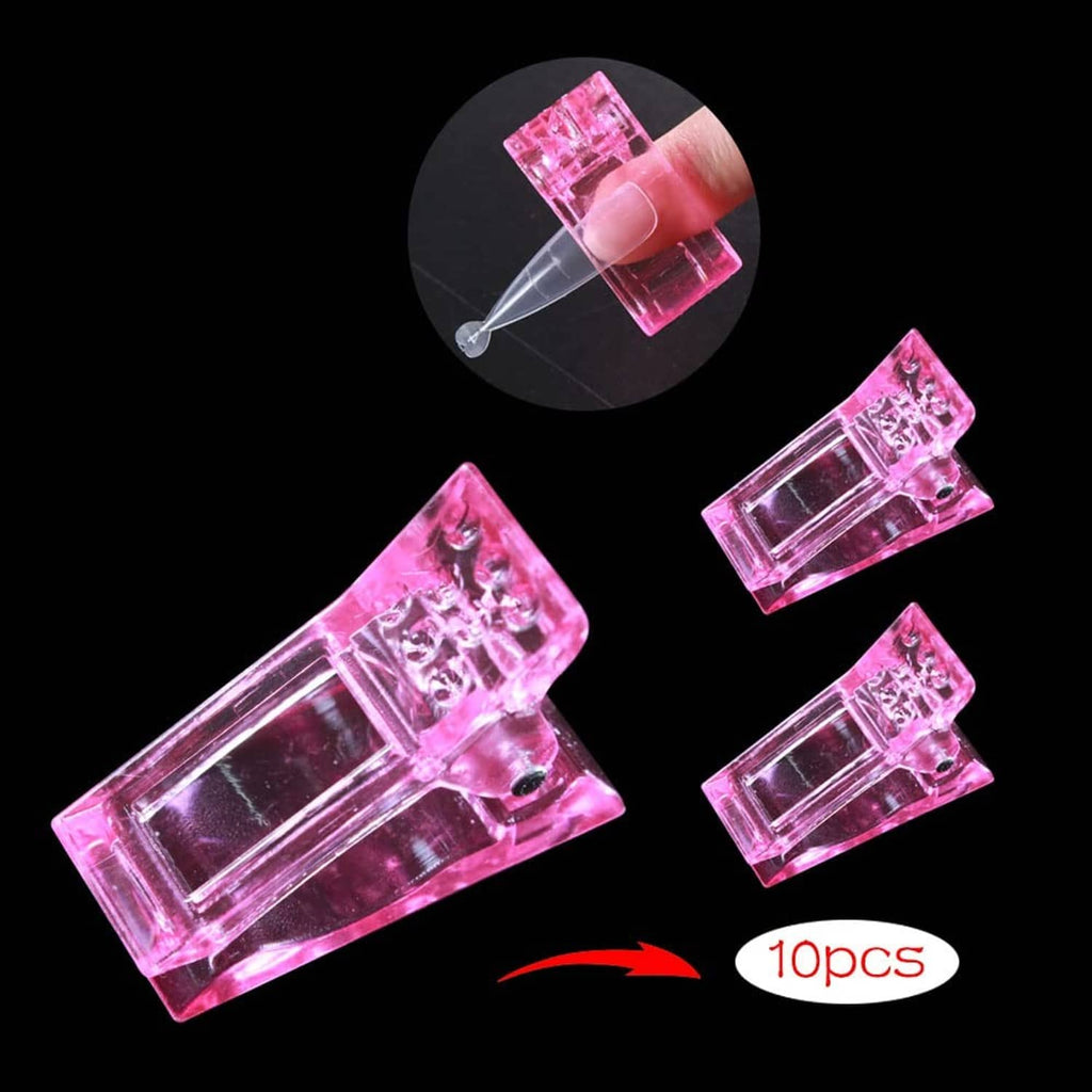 Pink nail tips clips with clear prongs, shown in a spread layout
