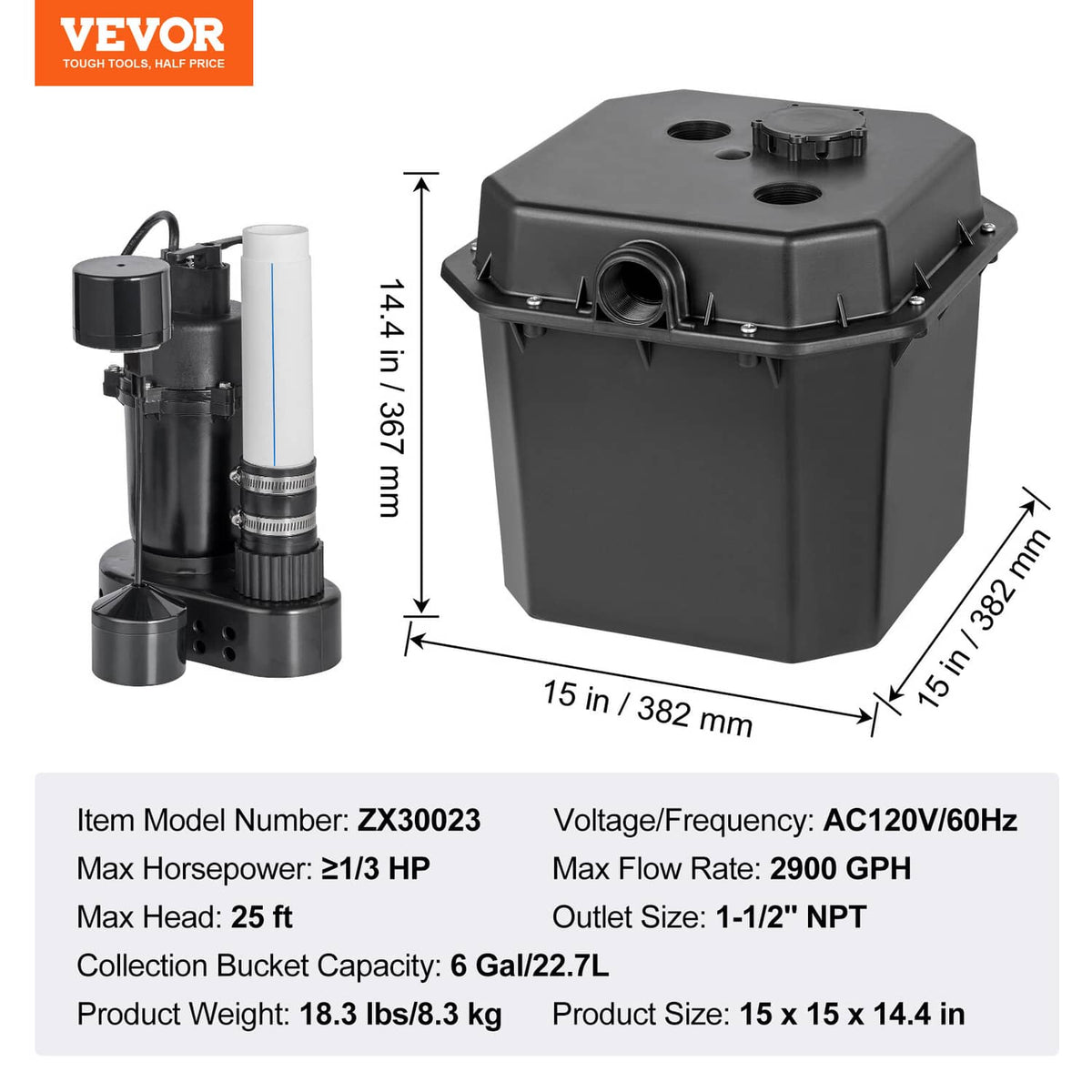 Laundry sink drain pump system with compact pump base and collection bucket, dark gray