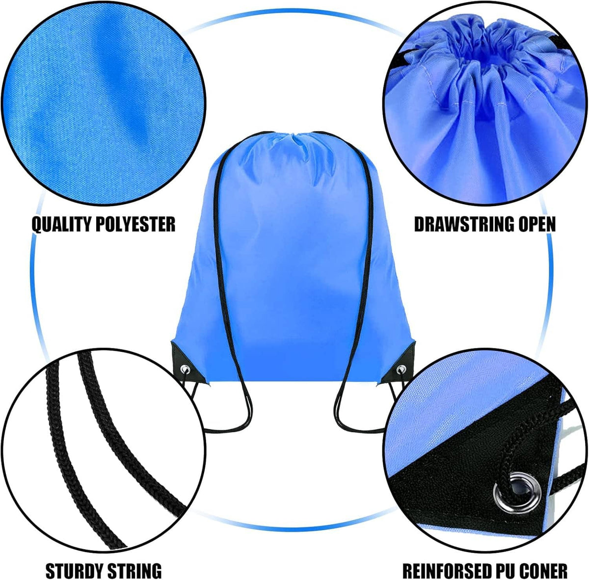 Blue drawstring backpack sack with quality polyester fabric, sturdy strings, and reinforced bottom.