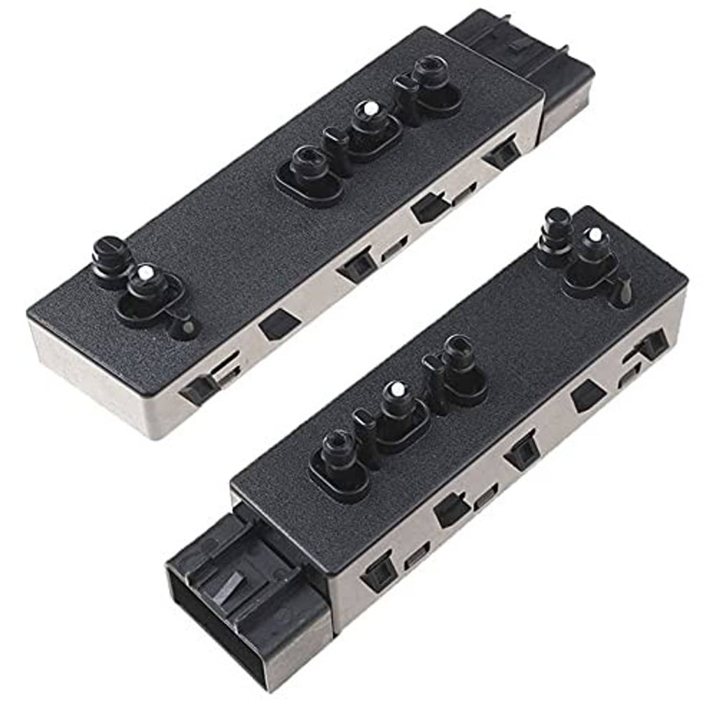 Car power seat control switch, dark gray panel with button cluster and connector ports