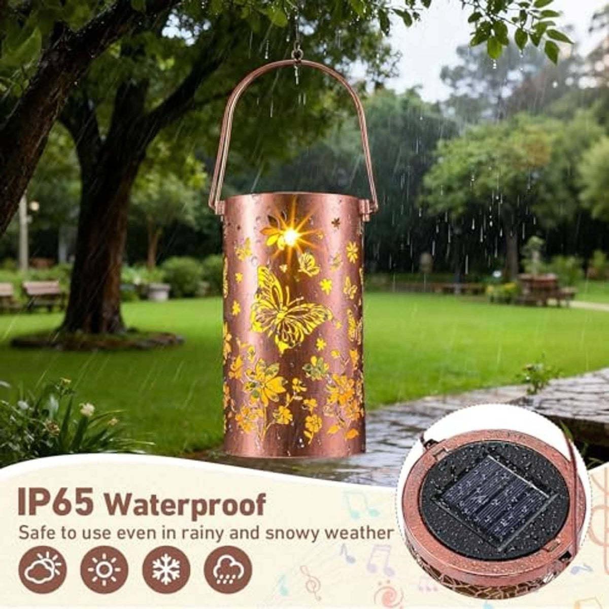 Hanging solar lantern wind chime with copper-pink metal cylinder and glowing butterfly light