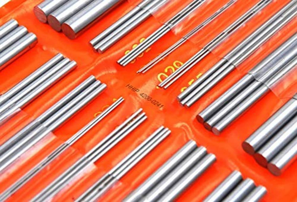 Thread wire measuring rods in orange foam holder, multiple sizes