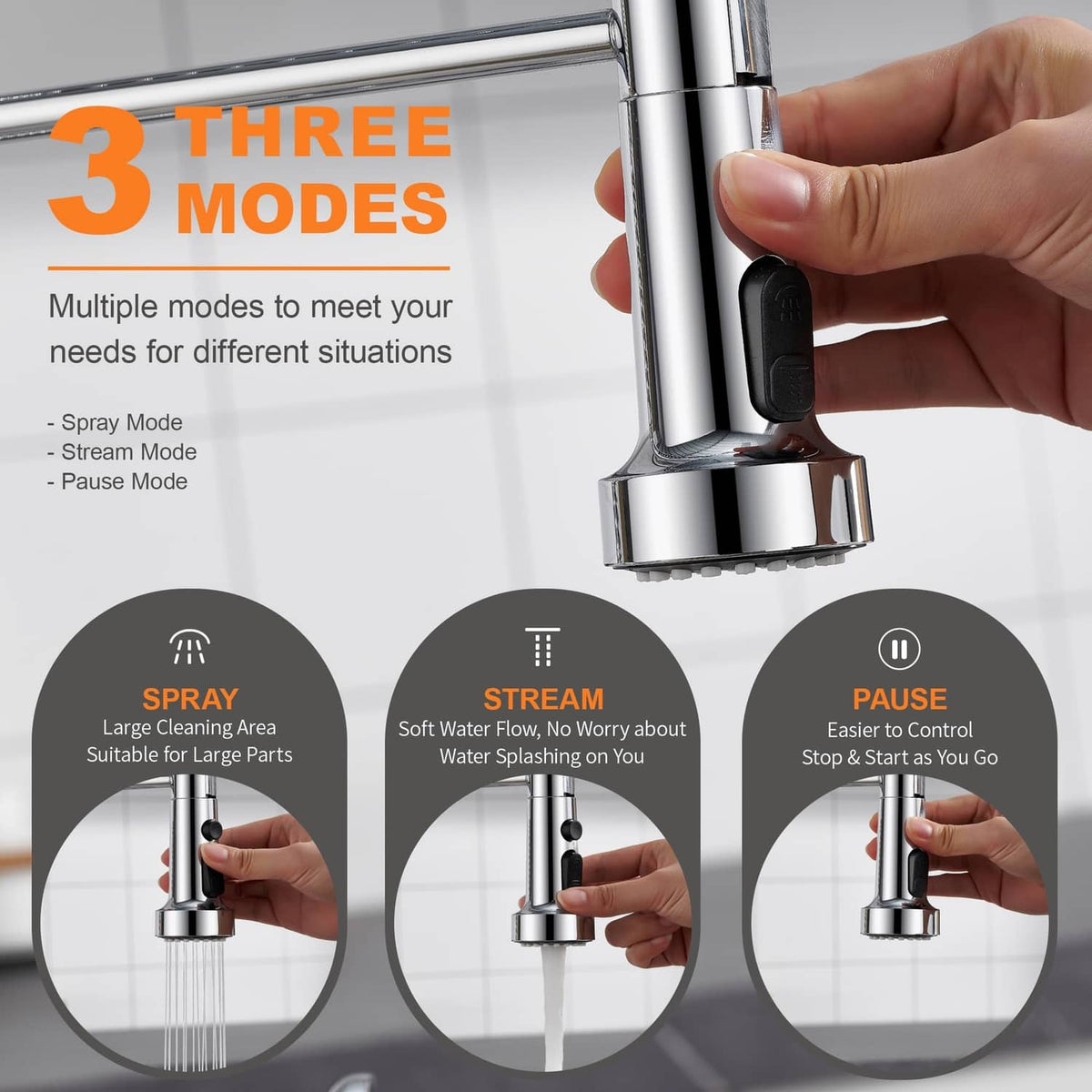 Kitchen faucet spray head replacement with black mode control and chrome finish
