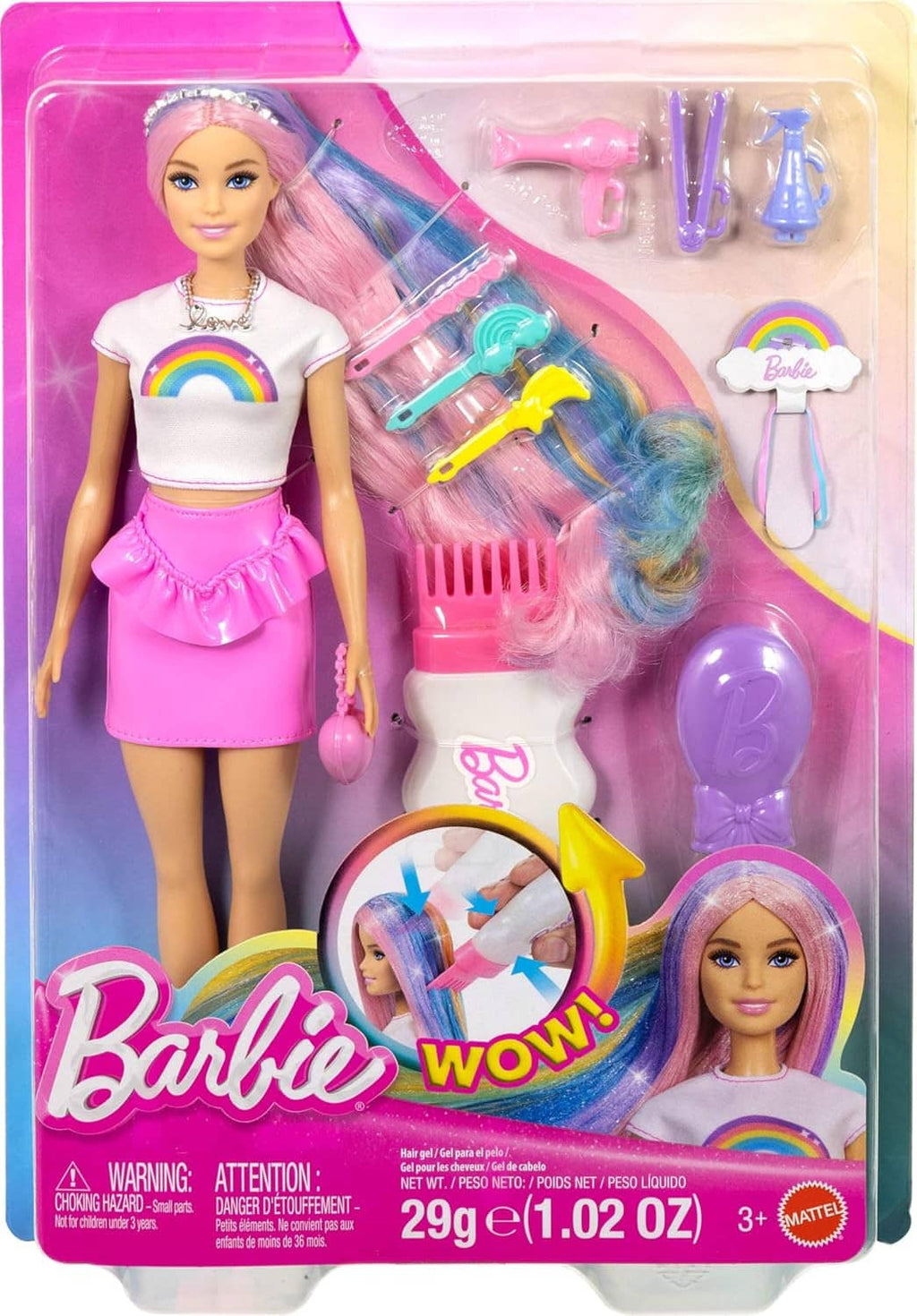 Rainbow hair sparkle doll in retail box with accessories pictured on clear packaging.